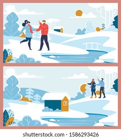 Happy Family Man and Woman Loving Couple Characters. Winter Suburb Rest. Natural Scene. Snowy Forest with River. House at Countryside. Christmas Vacation. Flat Vector Set. Cartoon Illustration