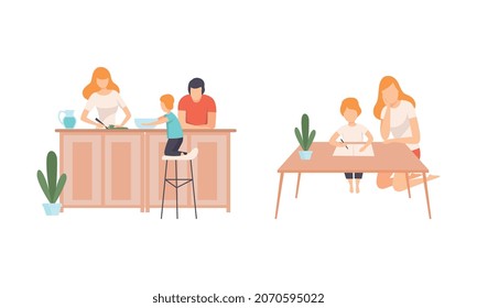 Happy Family with Man and Woman Parent with Kid Spending Good Time Together Doing Homework and Cooking Vector Set