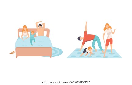 Happy Family with Man and Woman Parent with Kid Spending Good Time Together Waking Up and Playing Twister Game Vector Set