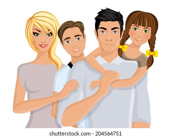 Happy family man woman parents and girl and boy kids on white background vector illustration.
