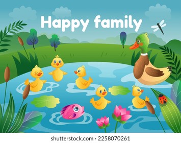 Happy family. Many duck kids with mother. Reeds in pond. Duckchick birds swimming in lake. Calm young animals. Yellow chick diving in water. Ducklings group. Vector tidy illustration