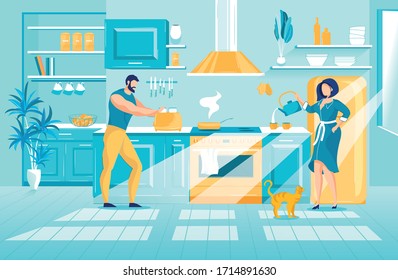 Happy Family. Married Couple Cooking Breakfast or Lunch on Kitchen. Women Wife Pouring Hot Water into Cup Brew Tea. Man Husband Make Toasts. Idyllic Home Scene. Cat Wait for Snack. Vector Illustration