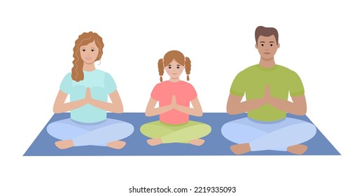 Happy family meditating on the floor in the lotus position. Flat style. Vector illustration 