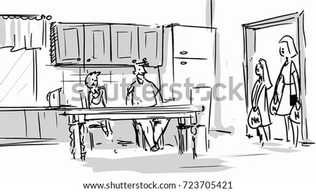 Happy family meeing in the kitchen Vector background sktech storyboard