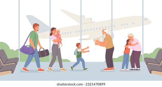 Happy family meet in airport. Grandmother hugging granddaughter. Young male holding baggage, female holding baby. Family flight by plane concept. Colorful flat vector illustration in cartoon style