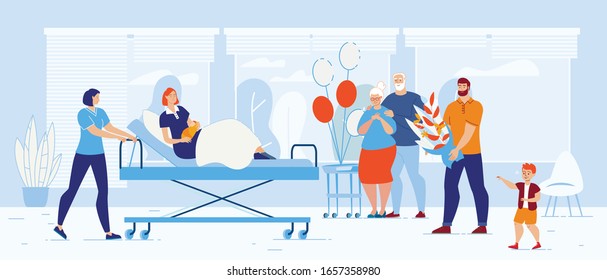 Happy Family Meeting Young Mother with Newborn Baby in Hospital. Nurse Pushing Woman with Child Lying on Moving Bed. Husband, Son and Granny Relative. Congratulation. Vector Illustration