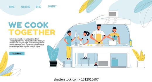 Happy Family Member Cooking Together On Home Kitchen. Mother Boiling Soup. Father Frying Beefsteak. Children Cleaning Vegetables. Household Daily Activity Everyday Life Tradition. Landing Page Templat