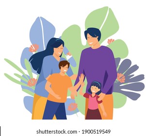 Happy family member father, mother, boy, daughter love each other with flowers as background illustration vector for family website or social media campaign. A simple flat design vector