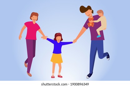 Happy family member father, mother, baby boy, daughter love each other with blue white silhouette background illustration vector for family website or social media campaign, simple flat design vector
