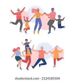 Happy Family Member Jumping with Joy Together and Holding Hands Vector Set
