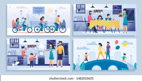 Happy Family Members Daily Routine Flat Banner Mockup Set. Cartoon Cheerful Mother, Father and Children on Walk, Doing Sport, Cooking, Celebrating Birthday Party Together. Vector Illustration