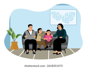 Happy family members enjoying their free time together. Sitting and chatting on the sofa. Flat vector illustration.