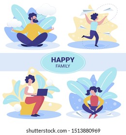 Happy Family Members Flat Vector Concepts Set. Father Sitting and Meditating in Lotus Pose, Mother Using Laptop, Working or Entertain Online, Boy and Girl Playing, Launching Paper Planes Illustration