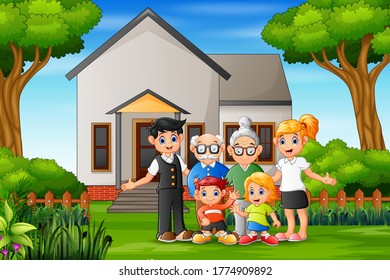 Happy family members in the front yard of the house