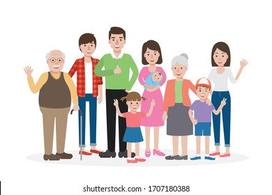 Happy family members, grandpa, grandma, mom, dad, brothers and sisters, smiling taking family portrait.