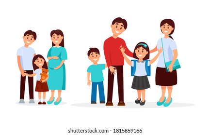 Happy Family Members With Parents And Kids Spending Time Together Vector Illustration Set