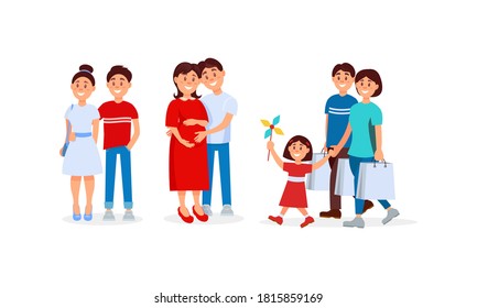 Happy Family Members with Parents and Kids Spending Time Together Vector Illustration Set