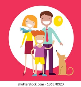 Happy family members: parents, their son and a dog. Lovely cartoon characters.Vector illustration