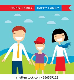 Happy family members: parents and their son. Lovely cartoon characters on nature sunny summer day background.Vector illustration