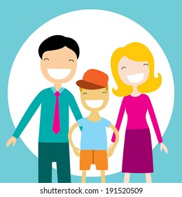 Happy family members: parents and their son. Lovely cartoon characters.Vector illustration