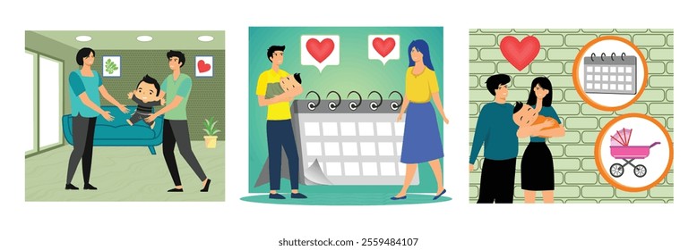 Happy family Members Planning Their Schedule with a Calendar. Family Representing Parenthood. Family maternity paternity leave. Set flat vector modern illustration 