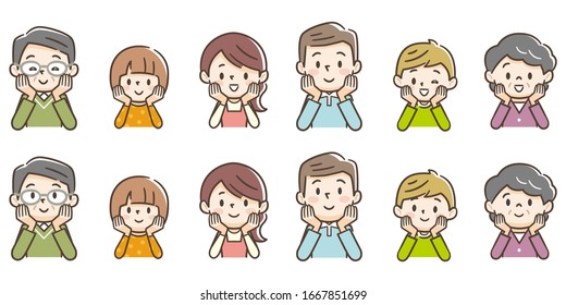 Happy family members sitting side by side with hands on chin. 