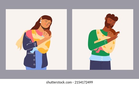 Happy family. Mom with a child. Dad with daughter. Baby in a sling. Vector illustration.