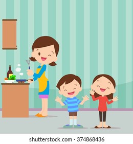 Happy Family With Mom And Children Cooking In Kitchen Vector Cartoon Illustration