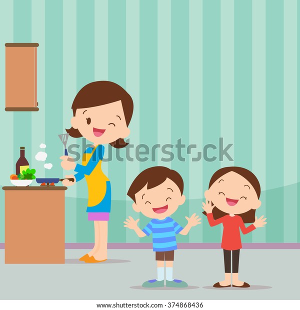 台所のベクター漫画のイラストで料理をする子どもと母子の幸せな家族 のベクター画像素材 ロイヤリティフリー