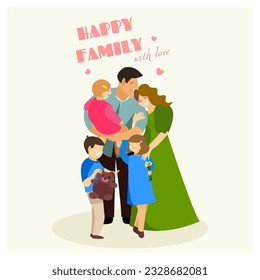 Happy family: mom, dad, 2 daughters and a son. Love and well-being, smiling faces. Vacation, birthday, postcard, invitation, avatar, cover, screensaver,retro,tourists.