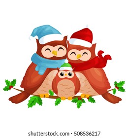 happy family of  mom dad and baby, owls in a warm hat and scarf sitting on a branch and enjoys the eve of Christmas and New Year vector illustration, animals card