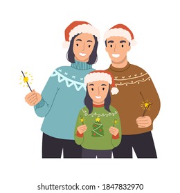 Happy family mom, dad and daughter celebrate christmas and new year. Bengal lights are lit. Gift card for the winter holidays. Vector hand drawn illustration in cartoon style.