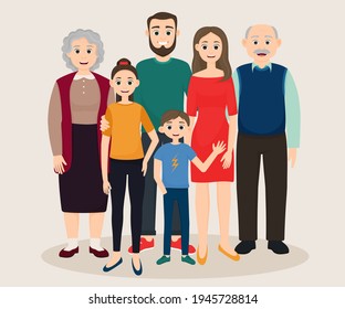 Happy family. Mom dad daughter son grandmother grandfather. Vector illustration.
