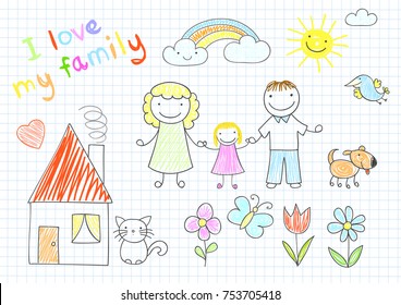 Happy family - mom, dad and daughter. Walking holding hands. Sketch in doodle style. ESP8