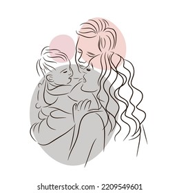 Happy family, mom and dad hugging son, love, warm feelings, line, outline drawing in doodle style