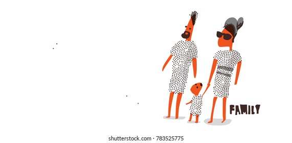 Happy Family Mom Dad and Kid. Doodling in watercolor like vector