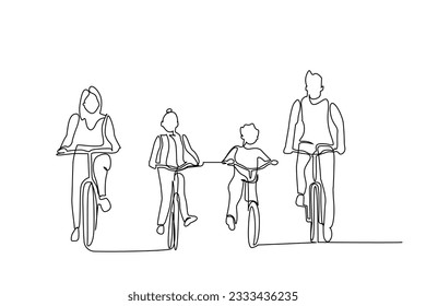 happy family mom dad and kids riding bike together activity lifestyle line art