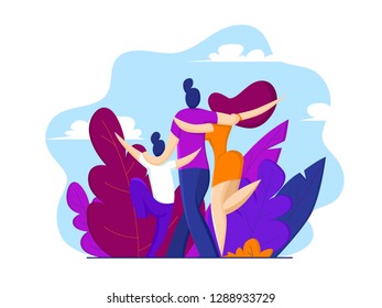 Happy family mom, dad and son are walking in the park. Vector illustration in flat style