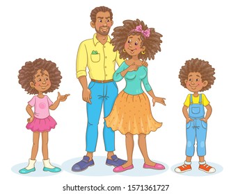 Happy family.  Mom, dad, son and daughter. In cartoon style. Isolated on white background. Vector illustration.