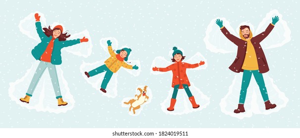 Happy family mom, dad, son, daughter and dog make a snow angel. Family vacation concept, template for postcard, invitation, banner. Winter fun. Collection of cute characters. Vector illustration