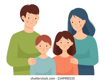 Happy family. Mom, dad, son and daughter hug each other. Parents, boy and girl. Vector flat iilustration.