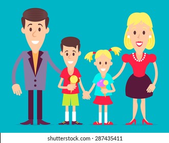 Happy family, mom, dad, son and younger daughter meets together art illustration. Fully editable vector illustration. Perfect use for greetings cards, posters, plates, etc.