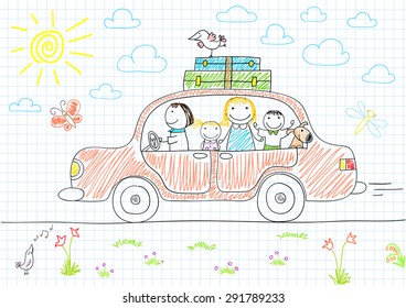 Happy family - mom, dad and two children in car. Sketch on notebook page