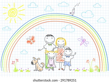 Happy family - mom, dad and two children. Sketch on notebook page