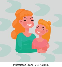 Happy family. Mom and daughter happily hug and smile. Illustration in a flat style and bright colors. Happy Children's Day. Happy Mother's Day. Greeting card