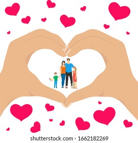 A happy family. Mom, father, son and daughter, a large family. Hands are folded in the shape of a heart. Vector illustration. Vector.
