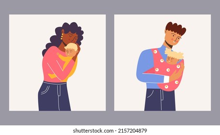 Happy family. Mom holds her son in her arms. The father is holding his daughter in a sling. Vector illustration.
