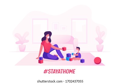 Happy Family Mom and Kid in Medical Masks Having Leisure Time Stay at Home. Mother and Little Son Characters Playing Toys at Covid 19 Quarantine Self Isolation. Cartoon Vector People Illustration