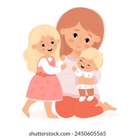 Happy family. Mom with little son and daughter. Vector illustration flat cartoon style. Cute woman with blonde children.