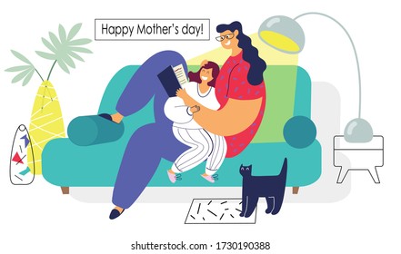 Happy family, mom reads a book to daughter. Vector illustration